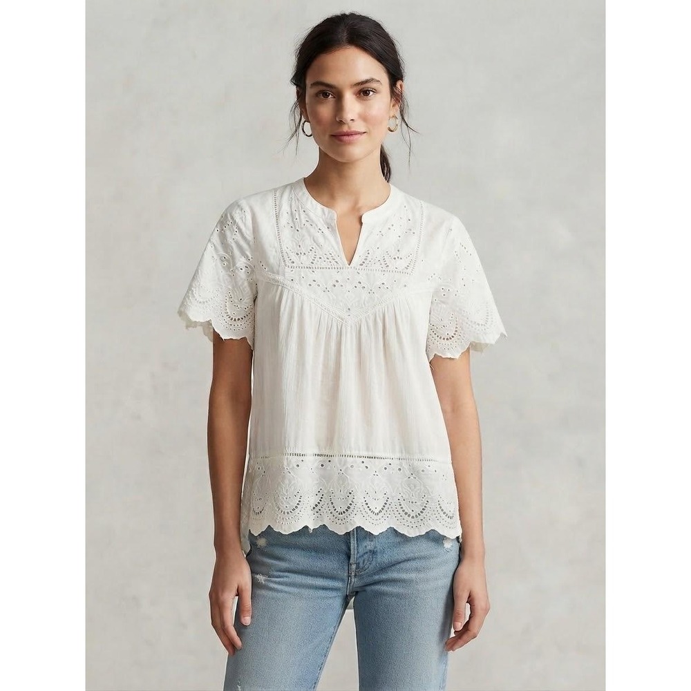 Knox Rose Blouse Women XS White Eyelet Lace Boho Short Sleeve V-Neck Top